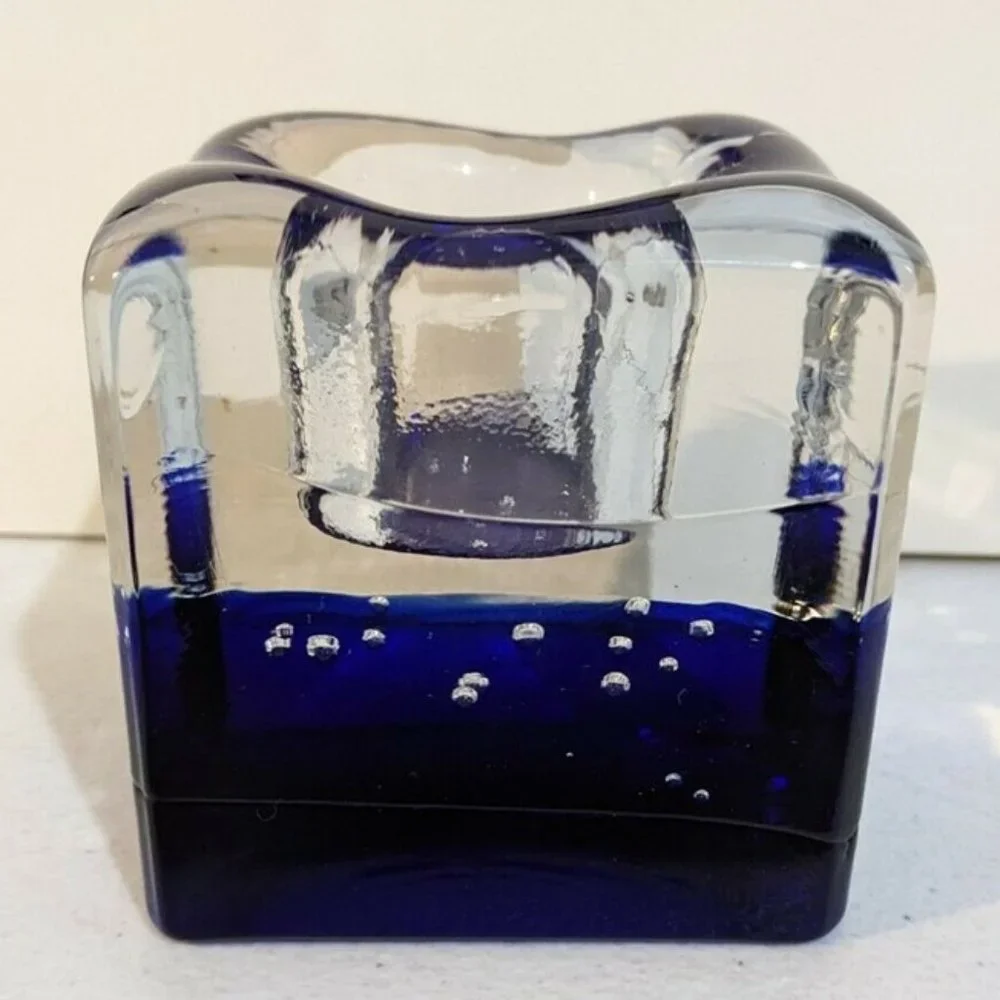 Heavy Art Glass Cobalt Blue Clear Votive Candle Holder Square Paper Clip Weight